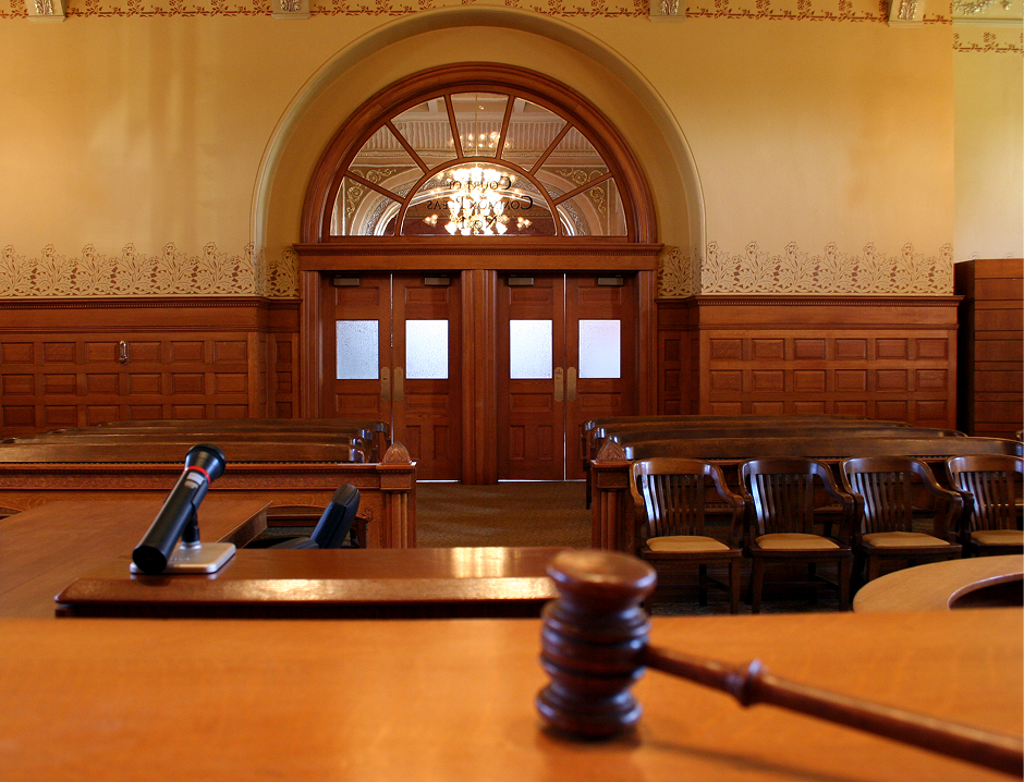 Judicial setting featuring judge's bench