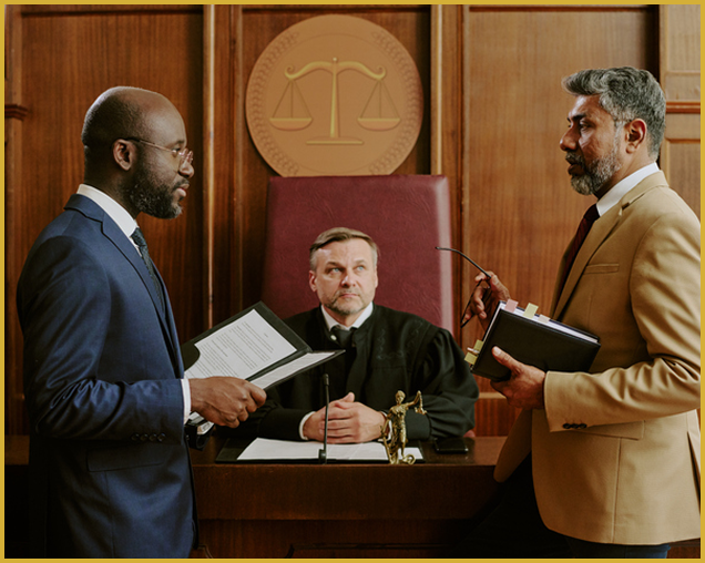 Lawyers discussing case in courtroom