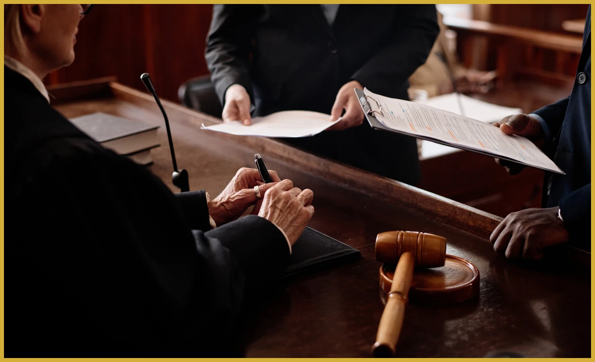 Lawyers presenting papers to judge