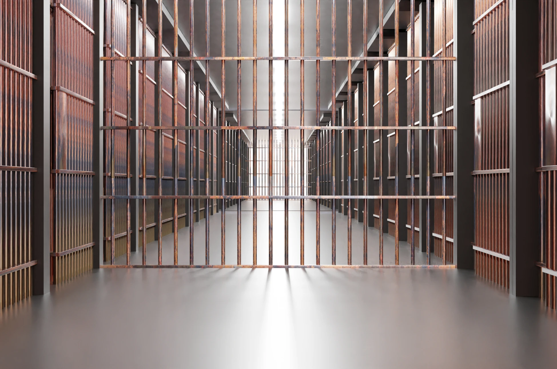 Prison corridor with metal bars