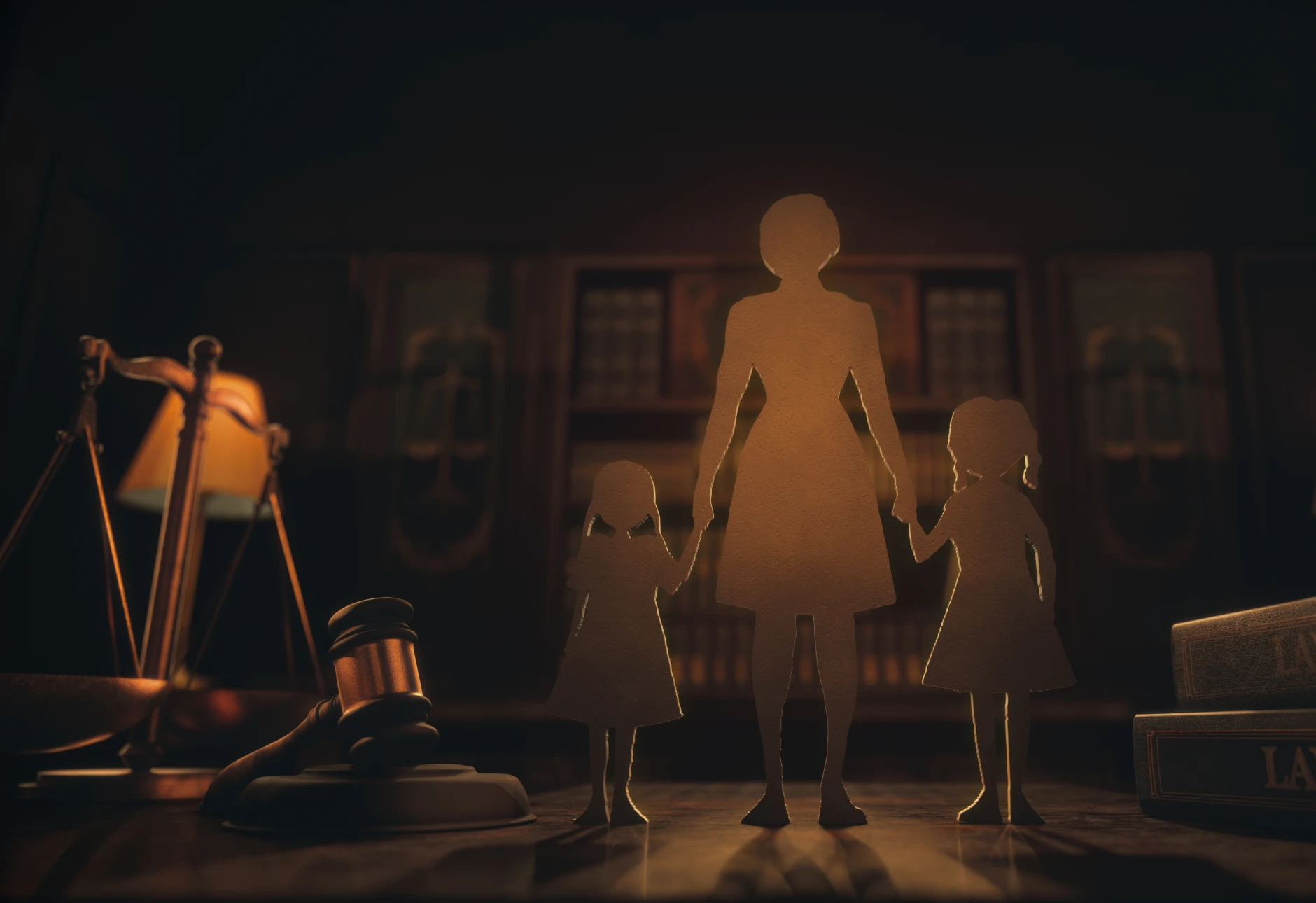 Silhouettes of family beside legal symbols